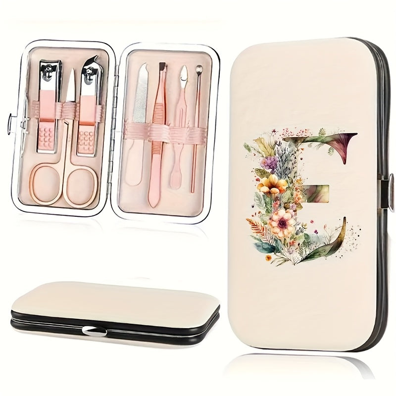 7-teiliges Floral Letter Nail Art Kit mit Aufbewahrungsbox – Tragbares Maniküre & Pediküre Set für unterwegs, inklusive Nagelknipser, Feile & Zubehör