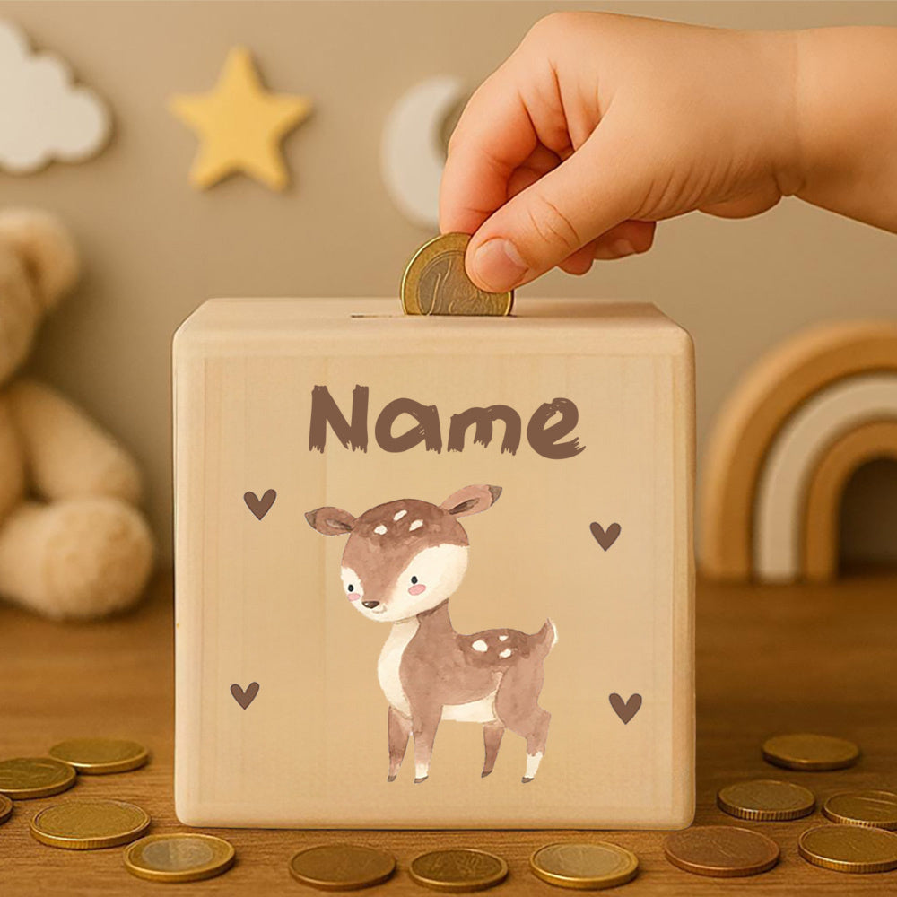 **Personalisierte Spardose aus Holz mit Namen – Klassische rechteckige Design-Sparbox aus Kiefernholz, Geschenk zur Taufe, Kommunion