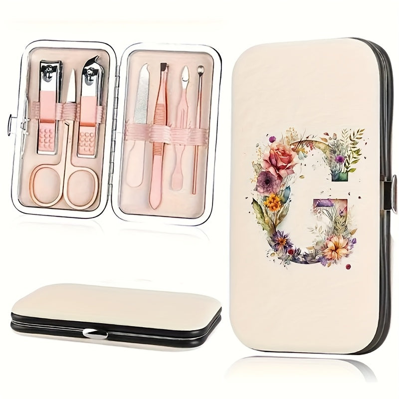 7-teiliges Floral Letter Nail Art Kit mit Aufbewahrungsbox – Tragbares Maniküre & Pediküre Set für unterwegs, inklusive Nagelknipser, Feile & Zubehör