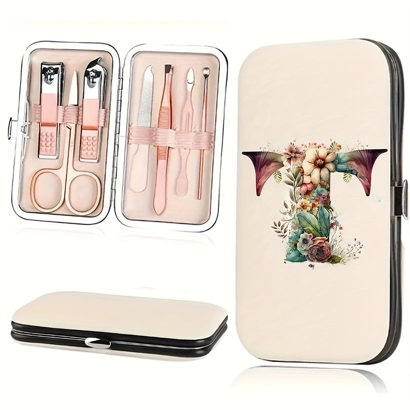7-teiliges Floral Letter Nail Art Kit mit Aufbewahrungsbox – Tragbares Maniküre & Pediküre Set für unterwegs, inklusive Nagelknipser, Feile & Zubehör