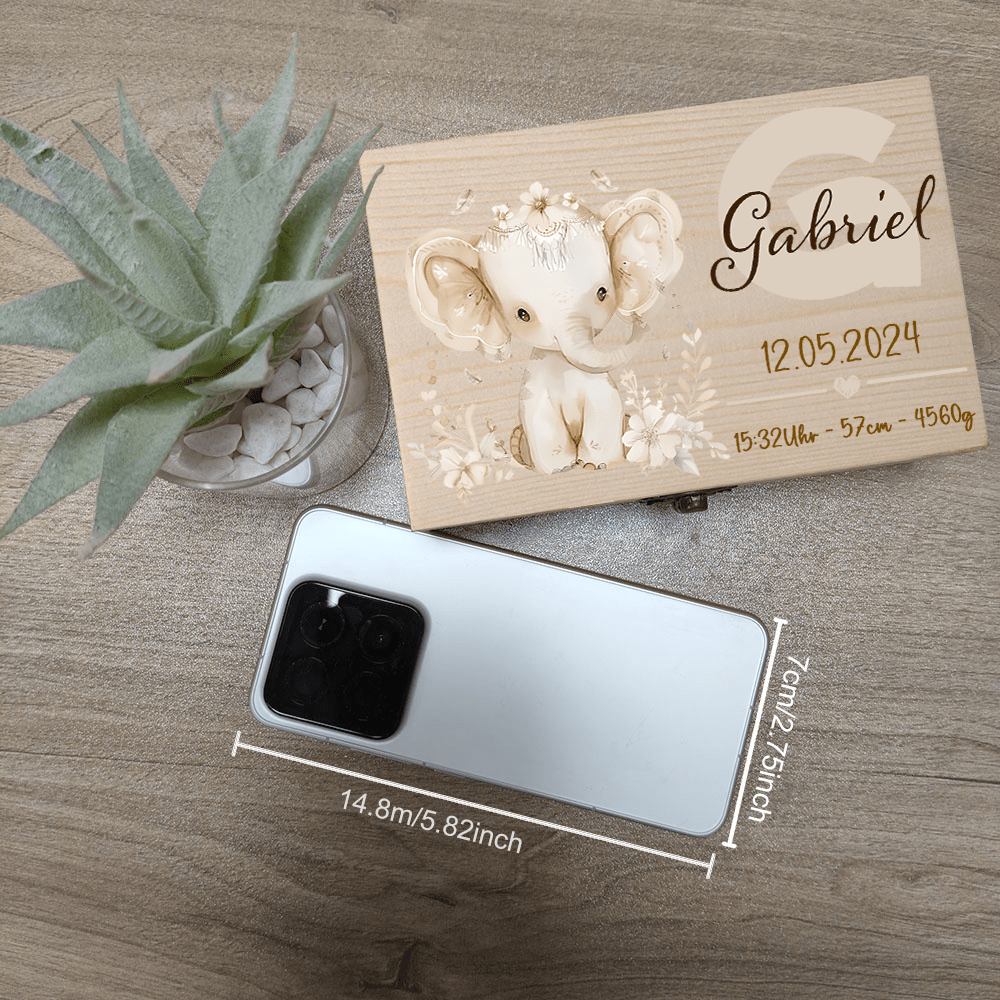 Personalisierte Erinnerungsbox aus Buchenholz – Mit Name & Geburtsdaten graviert, Aufbewahrungsbox mit Häschen-Motiv, Geschenk zur Geburt & Taufe
