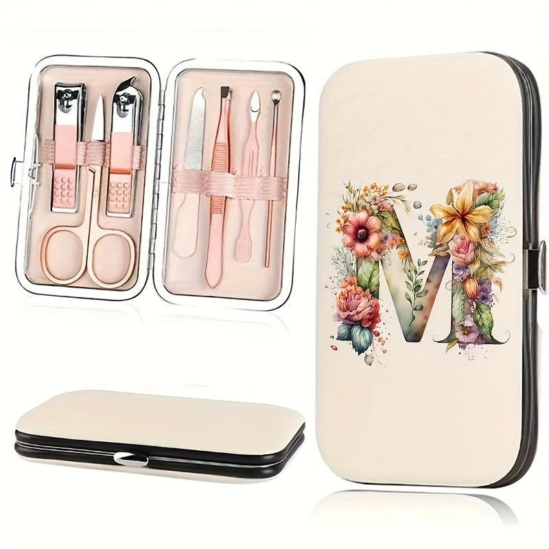 7-teiliges Floral Letter Nail Art Kit mit Aufbewahrungsbox – Tragbares Maniküre & Pediküre Set für unterwegs, inklusive Nagelknipser, Feile & Zubehör