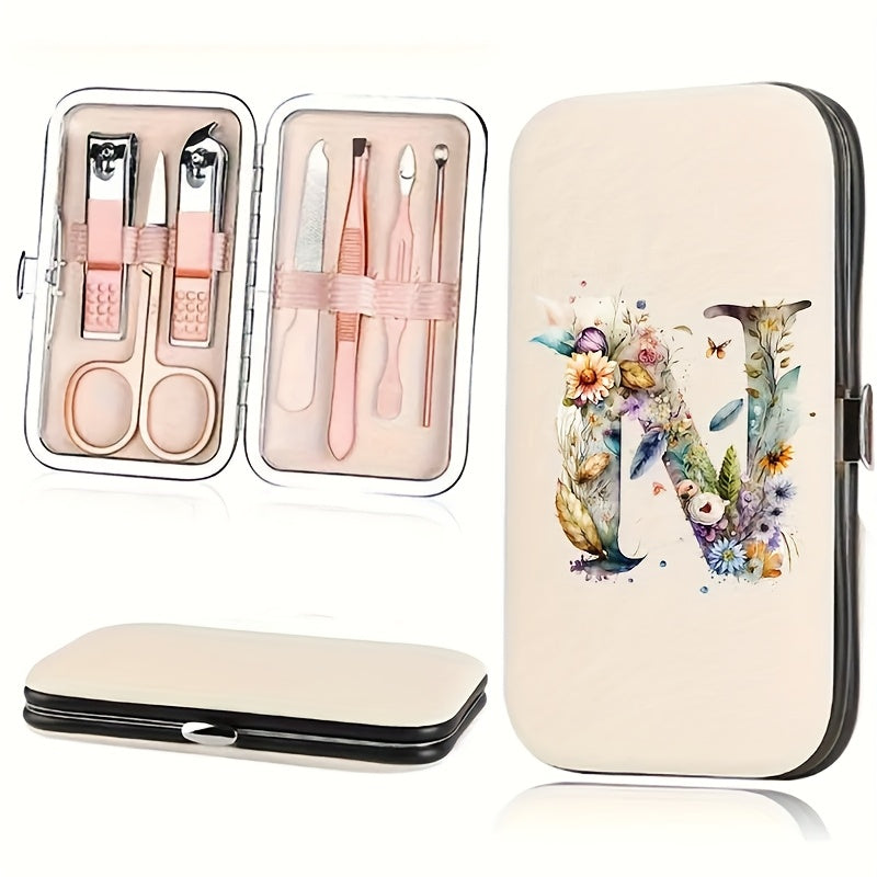 7-teiliges Floral Letter Nail Art Kit mit Aufbewahrungsbox – Tragbares Maniküre & Pediküre Set für unterwegs, inklusive Nagelknipser, Feile & Zubehör